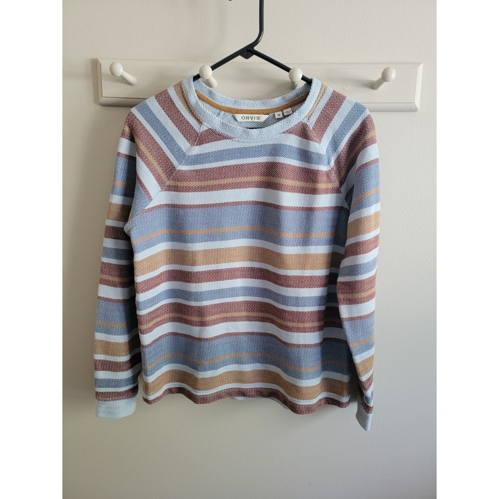 Orvis Women's Medium Striped Textured Sweater Boxy Pullover Cotton Knit Crewneck